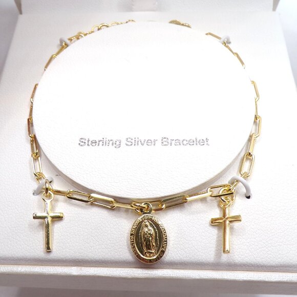 Sterling Silver Paper Clip Religious Charm Bracelet Gold Finish Adjustable - Picture 1 of 6